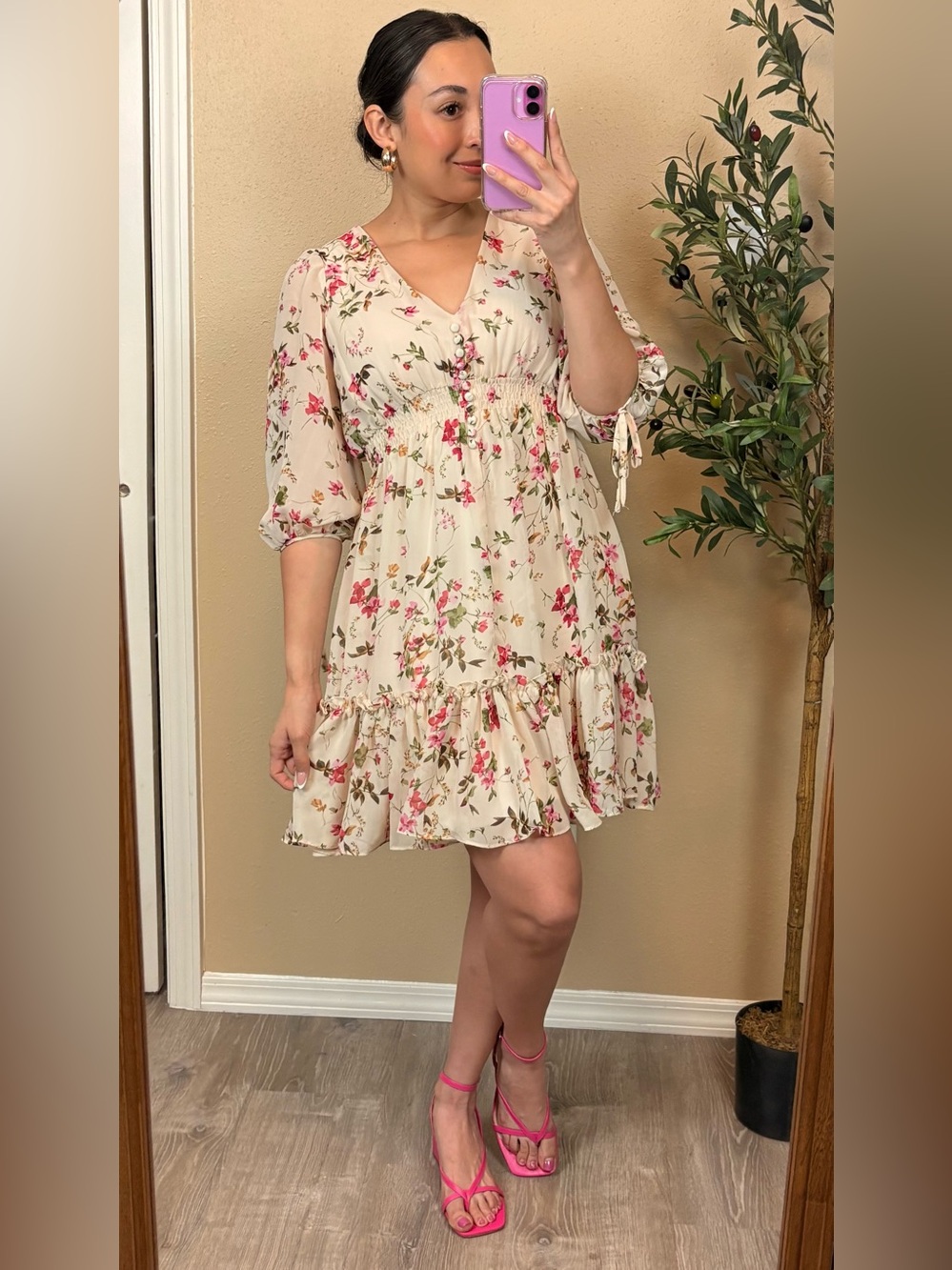 Taylor | Floral V-Neck Smocked Waist Mini Dress - Cream